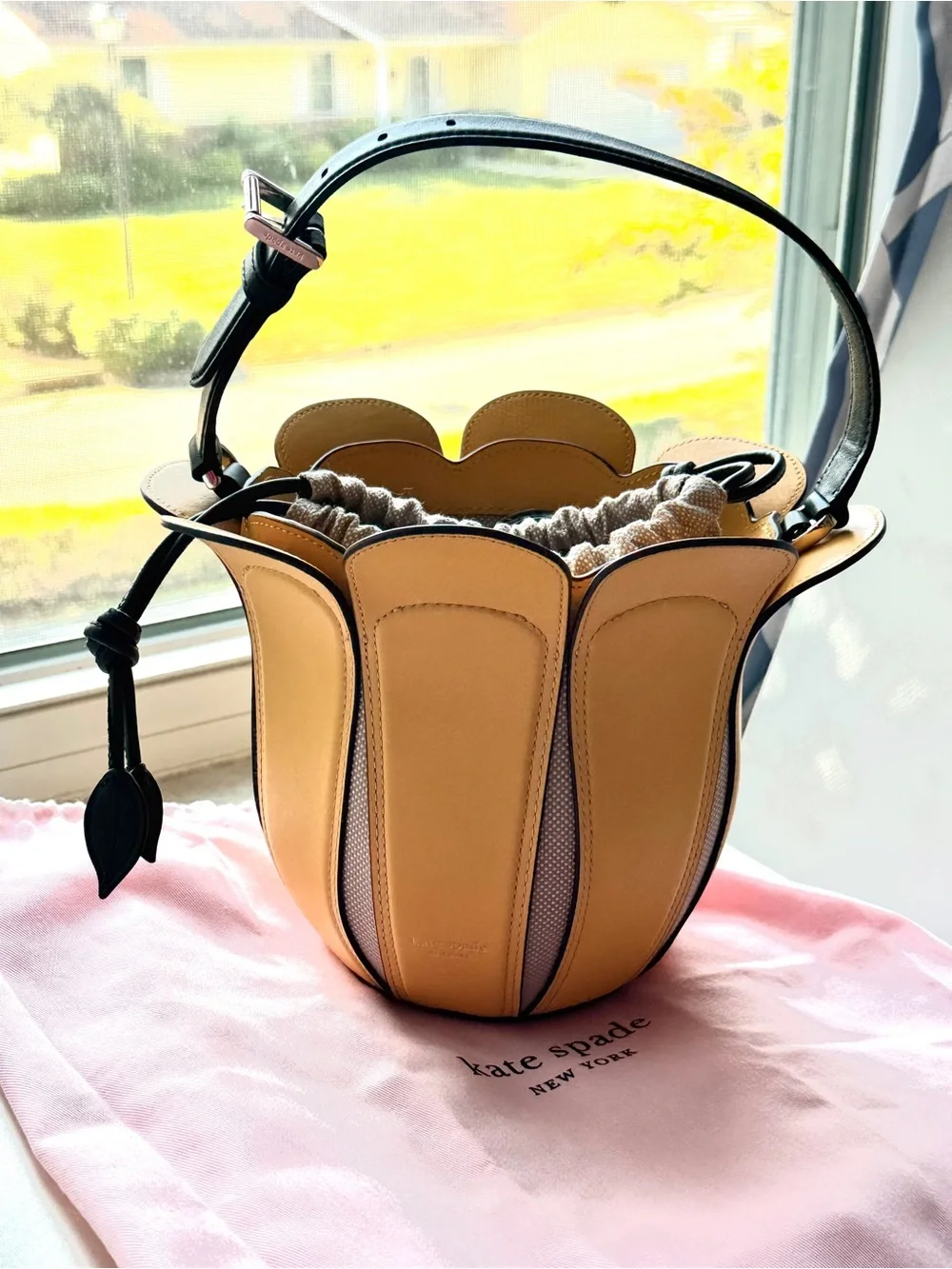 kate spade Yellow Petal-Shape Leather Drawstring Satchel tulip bucket rare